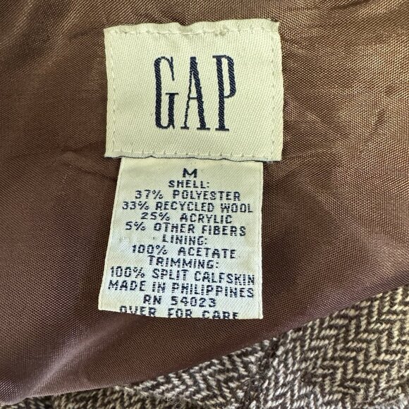 Vintage Y2K Gap Shirt Dress M Wool Tweed Chevron Brown Professor Patch Leather - Picture 8 of 10
